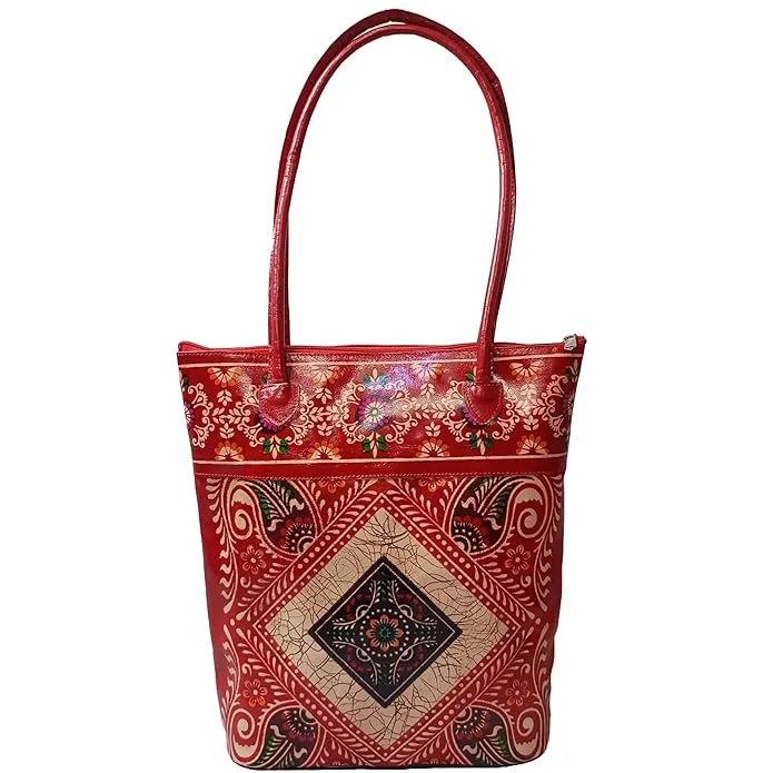 Red Shantiniketan Leather Batik Bag – Back View Back view of red Shantiniketan leather handcrafted batik printed shopping bag